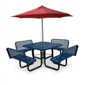 Navy 46-inch square table with bench seats and red umbrella